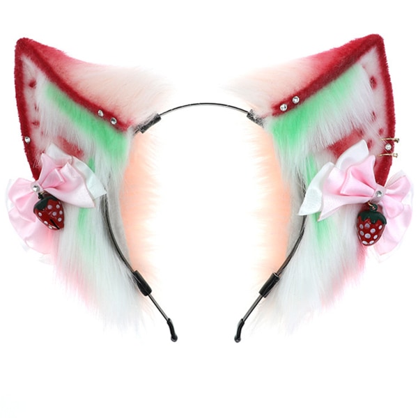 Lolita for Cat Ears Plysch huvudbonad Simulering Animal Ears Pannband med Strawberry+Bowknot All-match för Masquerade Bal