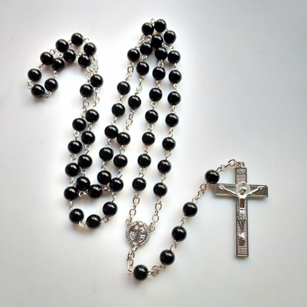 Svarta pärlor Rosenkrans katolskt halsband med medalj Metall för kors Jesus krucifix hänge Kyrka Kristus Bön Religiös Gi