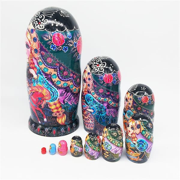 10-lagers ryska \"nesting dolls\" med lackerat mönster, träkonst, folklig Matryoshka
