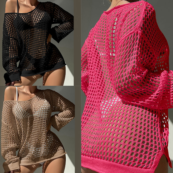 Kvinnors virkade sexiga långa mesh strandkläder täcker ihåliga ner sömn badkläder täcker Khaki