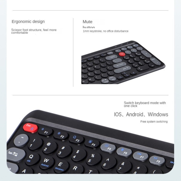 Ergonomiskt Bluetooth-kompatibelt 2,4G-tangentbord Bekvämt för 3 enheter Knappsats Anslut med inbyggt uppladdningsbart batteri Black