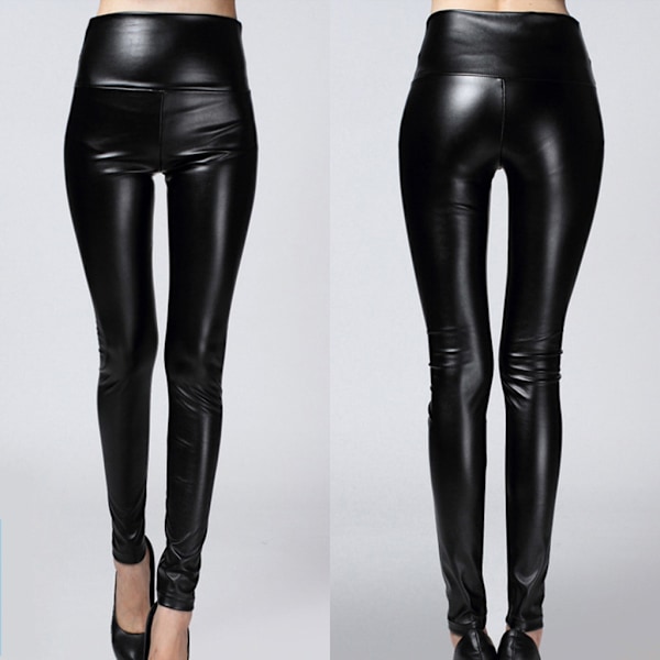 Kvinde Høj Talje Faux Læder Strækbar Pencil Bukser Blanke Matte Leggings Black