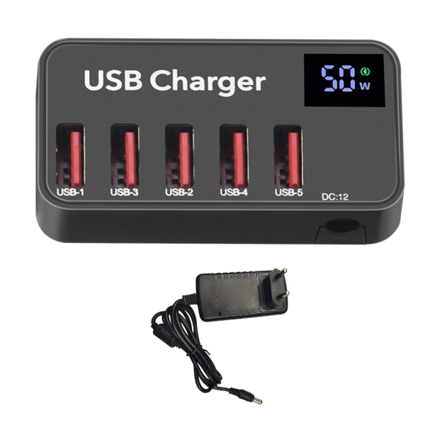 5 portar 50W USB PD Quick Charge Mini USB Charger Hub Snabbladdningsstation med LED för mobiltelefon Tablet PC Universal null - EU
