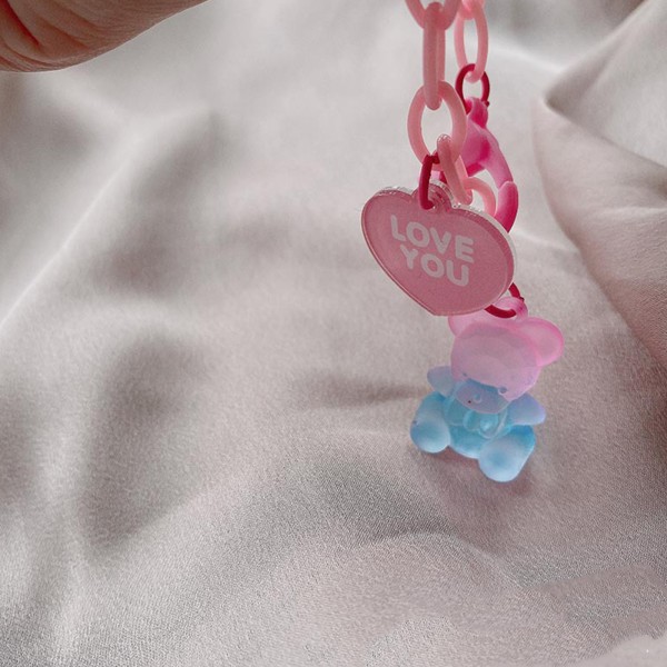 Färgglatt armband med Love You Heart & Bear hänge Gummy Bear Smycken Födelsedagspresent för alla hjärtans dag till flickvän Pink