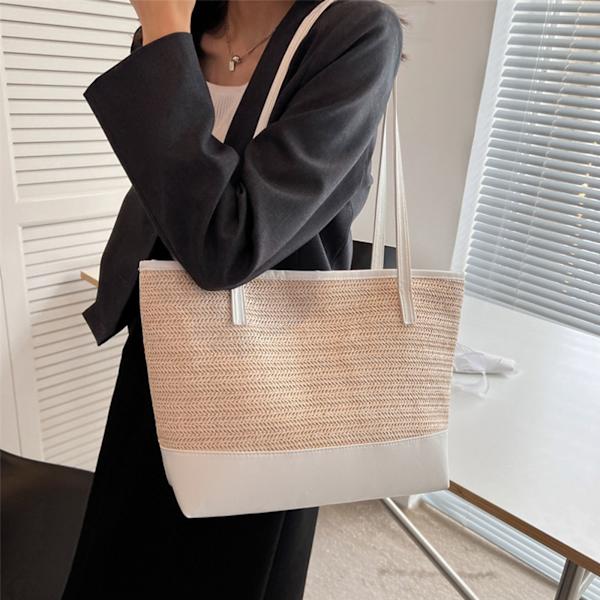 Håndlavet strå håndtaske Skuldertaske Stor Kapacitet Tote Bag Messenger Bag White