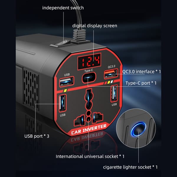 200W auton tehomuunnin, DC12V 24V - 220V autoadapteri LED-näytöllä