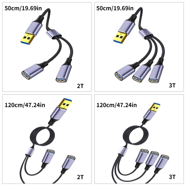 Multiport USB splitterkabel, USB power 1 hane till 2/3 hona för laddning/dataöverföring 480 Mbps hastighetsladd null - One for three 50cm