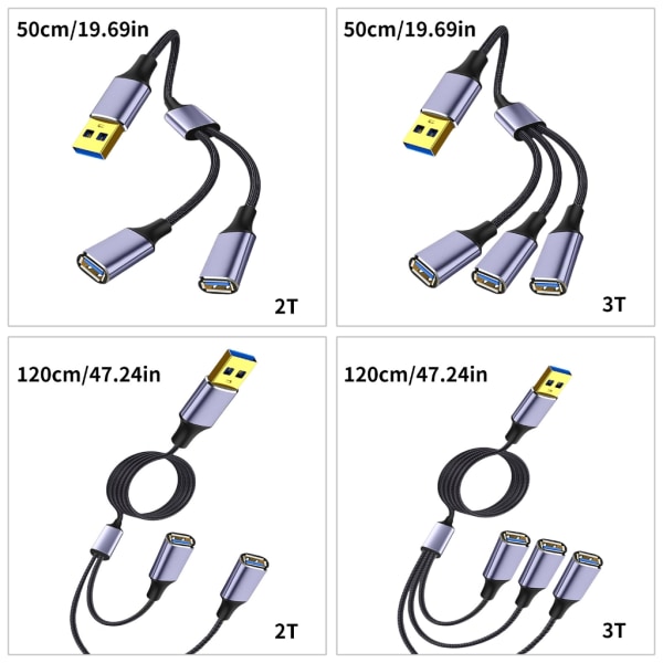 Multiport USB splitterkabel, USB power 1 hane till 2/3 hona för laddning/dataöverföring 480 Mbps hastighetsladd null - One for two 50cm