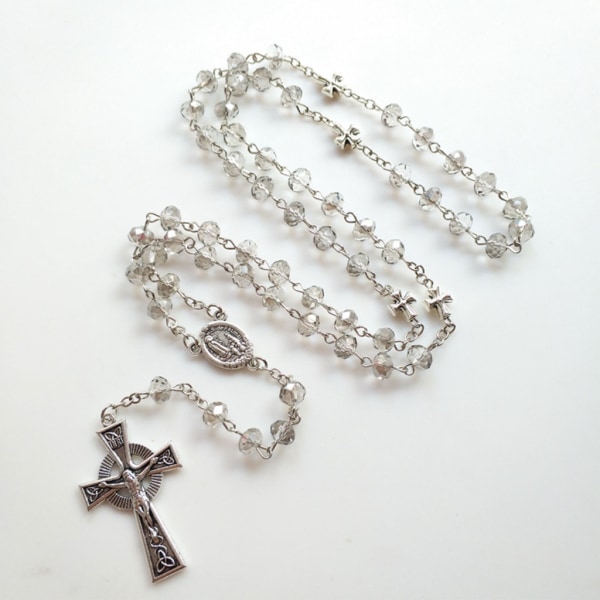 Grå kristall radband halsband långa kors hänge kvinnor pärlstav religiösa smycken
