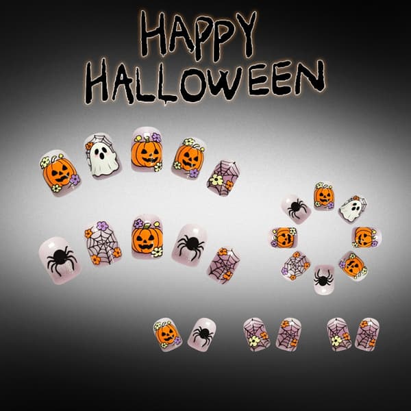 Halloween Press-on Manikyrset med Pumpa, Blomma och Spindelnätskonst