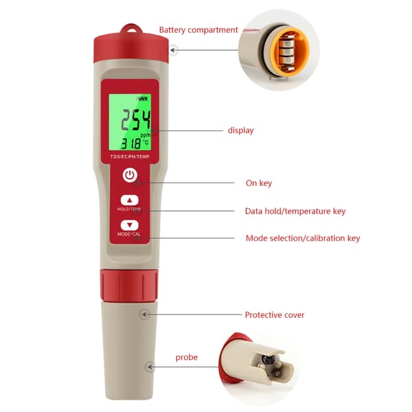 Vannkvalitetsmåler 4 i 1 detektor PH/TDS/EC/temperaturtester for akvarier