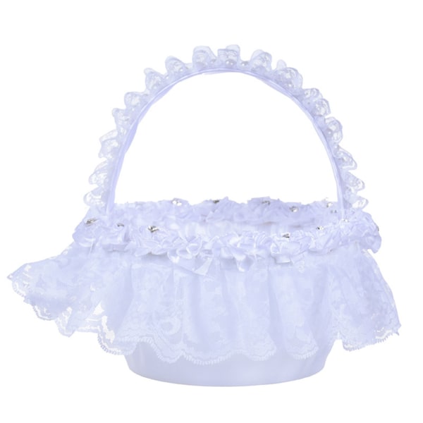 Bröllopsblommakorgar med spetshandtag Elegant vit liten bit satin blomkorg med konstblommor dekor