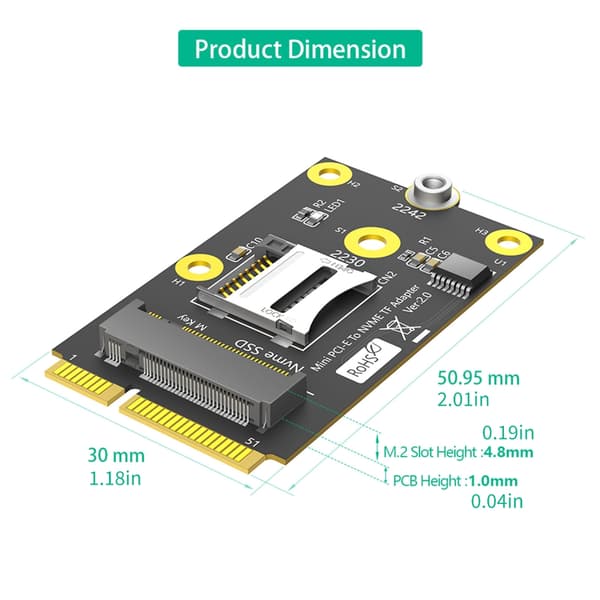 TF-kort og M.2 NVMe SSD-er Dobbelspor Mini PCIE Riser-adapterkort
