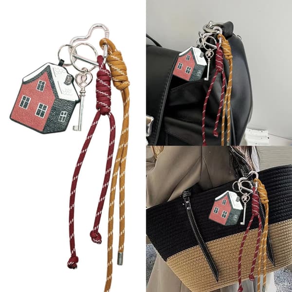 Handvävd Repdekoration Läder Nyckelring 3D Husdesign Väskaccessoar
