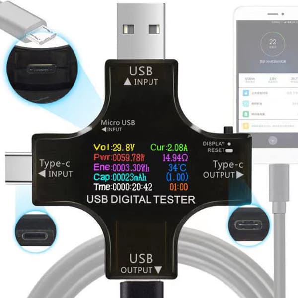USB-tester med farve LCD multimeter til spændings- og strømdetektering og -visning