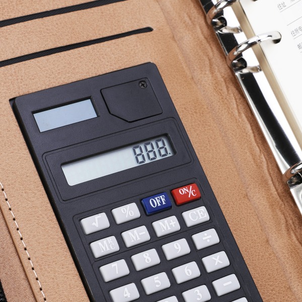 PU- cover A6-anteckningsbok med blixtlås Lösbladig företagsanteckningsbok med miniräknare Brown