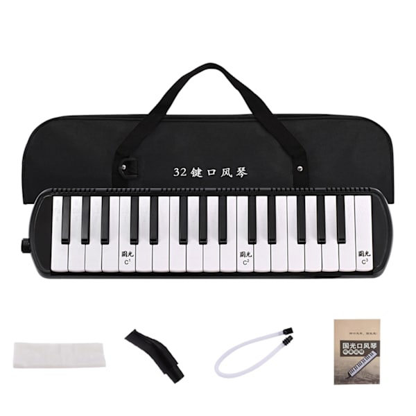 32 Tangenter Melodica Instrument Keyboard Luftklaver med Langt Rør, Korte Mundstykker Black Soft Case