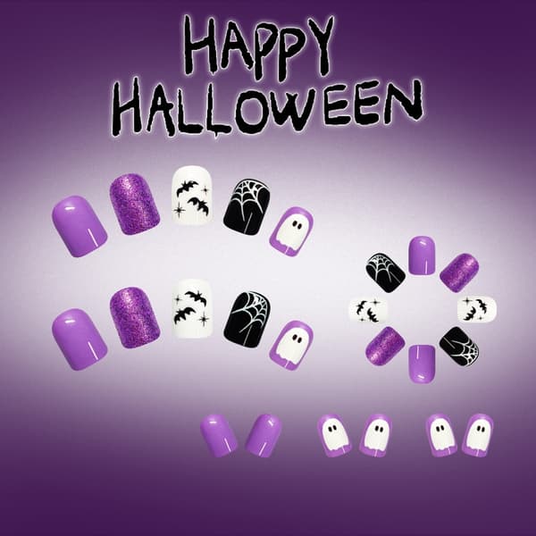 Gør-det-selv Halloween Press On Manicure Sæt, Lilla Accent Web Stil