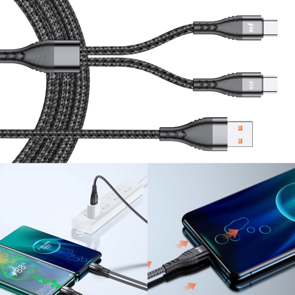 2 i 1 multipel laddningssladd USB till 2 dubbel typ C-kontakt Snabbladdningskabel för mobiltelefoner, surfplattor och mer 120cm