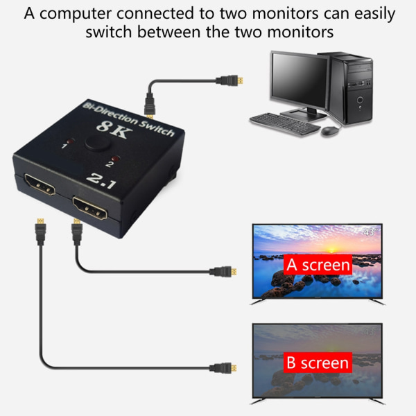 HDMI Switcher, 2 in 1 Out High-definition Video 1 in 2 Out HDMI Tvåvägs switching stöder 8k@30hz delad skärm