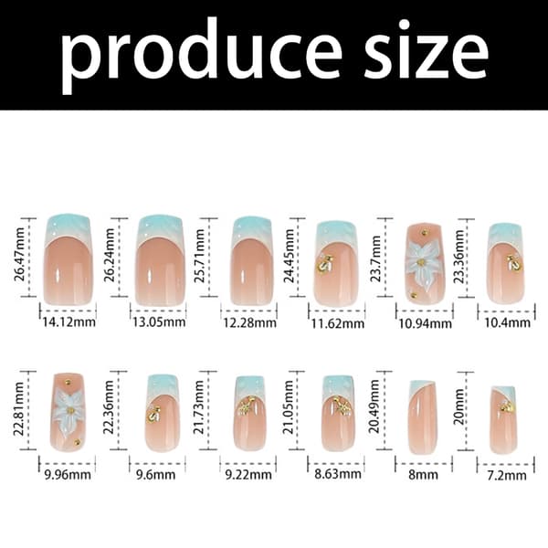 Bryllups Press On Manicure Sæt med Blå Hvid Blomsterstyling