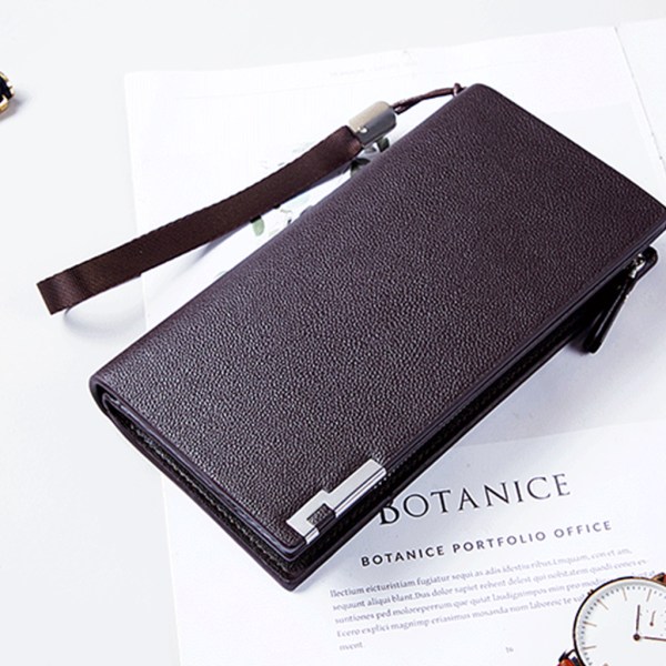 Business PU lær lang lommebok kredittkortholder Clutch bifold veske med glidelås for menn Brown