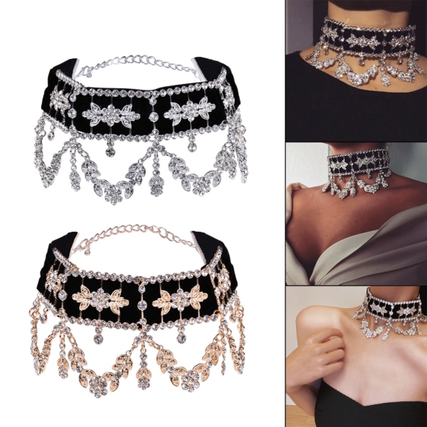 Elegant Sammet Choker Halsband Vintage Strass hänge Halsband Mode Nyckelben Halsband Smycken för kvinnor Flickor Silver