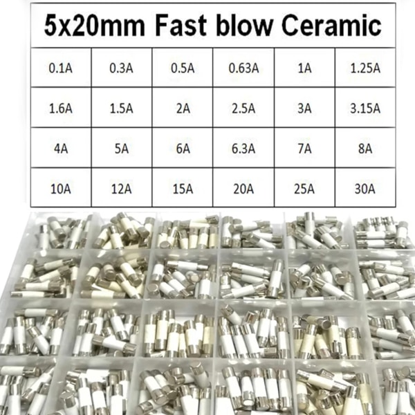 Fast Blow keraaminen sulake 360 ​​kpl / laatikko 24 Arvot 5x20mm 250V 0,1A 0,3A 0,5A 1A 1,5A 2A