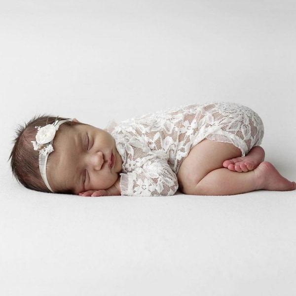 Nyfödd Photoshoot Rekvisita Blomma Hårband Spets Jumpsuit Baby Photo Kostym Kostym
