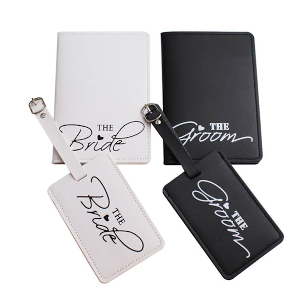 1 sett PU-skinn bagasjemerke brudgom pass for etui for par bryllupsreise