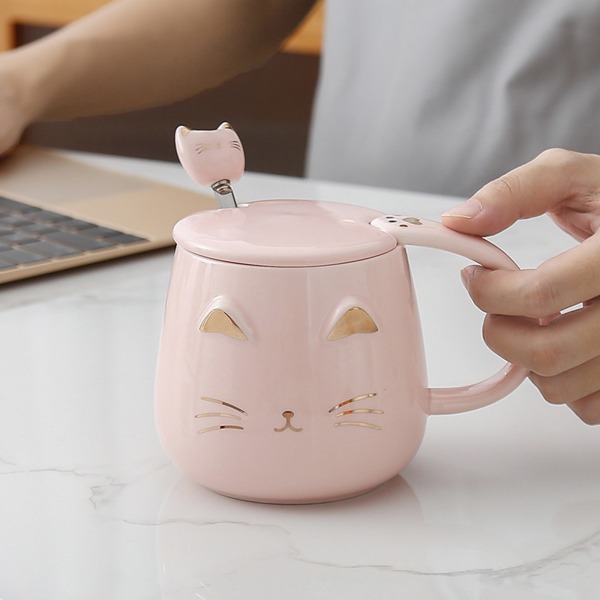 Lovely Kitty Theme Lock och rostfritt stålsked med Kitty for Head Tekopp Mjölkmugg Passar för hemmakontorspar Slitstark Pink