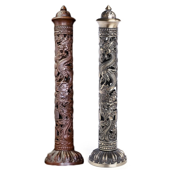 Antik vintage koppar vertikal rökelsesticka för brännare ihålig snidad drake Phoenix metalltorn askfångare rökelsekar Buddha hem terum dekor Red copper