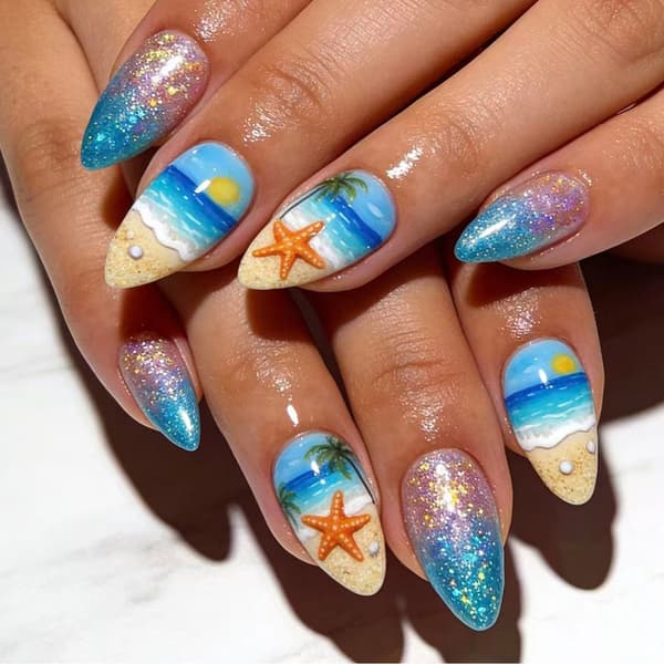 Ocean Art Press On Manicure Sæt, Seaside Mandel Stil 24 Stykker