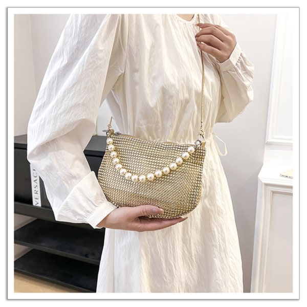 Crossbody Bag Evening Bag Fest Bankett Bag Rhinestone Pearl Håndtak Håndveske Silver