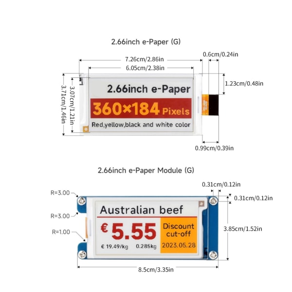 2,66 tum E-Paper E-Ink Display HAT 360x184 Upplösning Skärm för RPi för prislappar Display Modul null - A