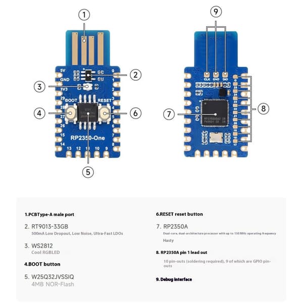 RP2350 One Two Core ARM Cortex M33 RISC V Indbygget Board 150MHz Clock Speed