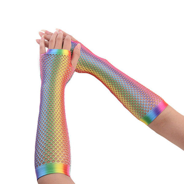Fingerlösa näthandskar för kvinnor 80-tal långa nät Mesh Gradient Rainbow vantar