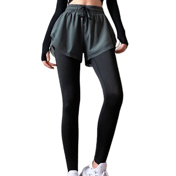 Womens High Rise 2 In 1 Tight Sports Leggings med Shorts Dragsko Midja Solid Färg Fitness Löpning Yoga Träning Långa Byxor Green S