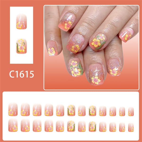 Kunstig negl Forår Sommer Gradient Skinnende Blomst Kort Press On Negl