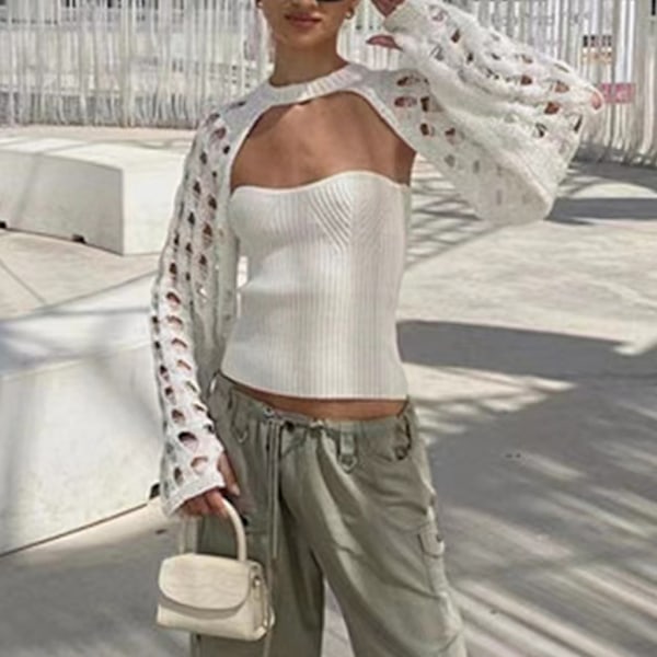 Crop Top Cover Up Shrug Langærmet Crop Top Pullover Genser Sjal Skjorte White