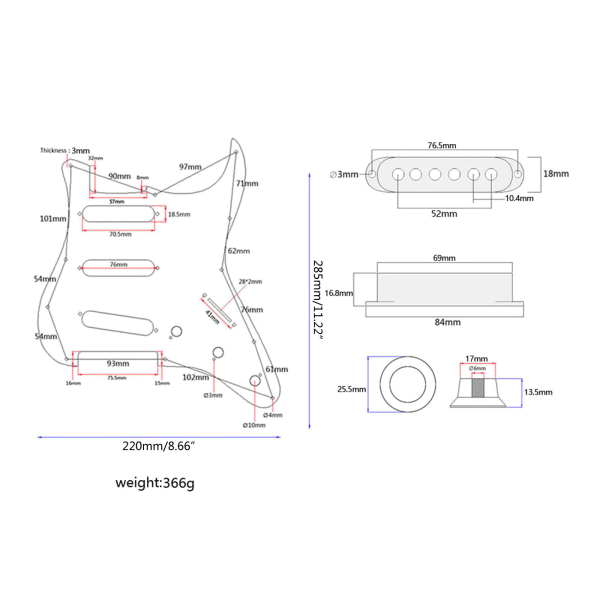 Forhåndskablet lastet Pickguard Single-Coil Pickup Pickguard Elektrisk Gitar Del