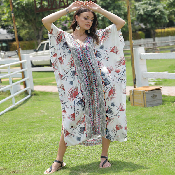 Kvinder Ferie Flagærme Tyrkisk Kaftan Boho Farverige Geometriske Blomstrede Trykte V-hals Badetøj Cover Up Oversized Løs Strand Maxi Kjole No 75 Red Flower