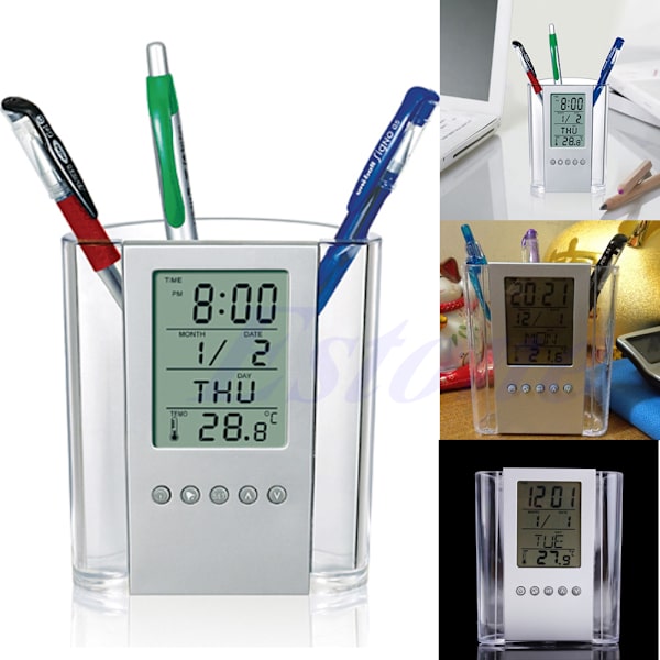 LCD Digitalt Vækkeur Skrivebord Blyant Pen Holder Organizer Termometer Kalender