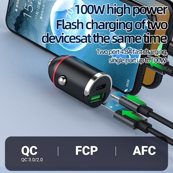 Bilsnabbladdningsadapter för mobiltelefon Tablet-Dashcam USB & PD30W/65W Typ-C Dual-Port strömuttag Dold bil-laddare