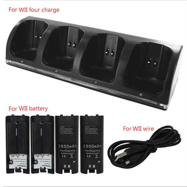 4-i-1 batteriladdare Laddningsstation med USB -kabel för Wii Game Console Fjärrkontroll Gamepad Speltillbehör