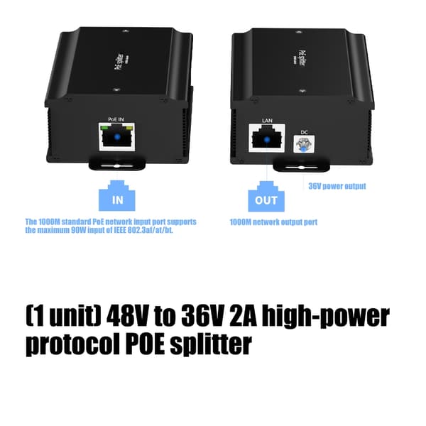 48V til 36V 2A PoE-splitter i metallkapsling, standard for bruk med sikkerhetskameraer