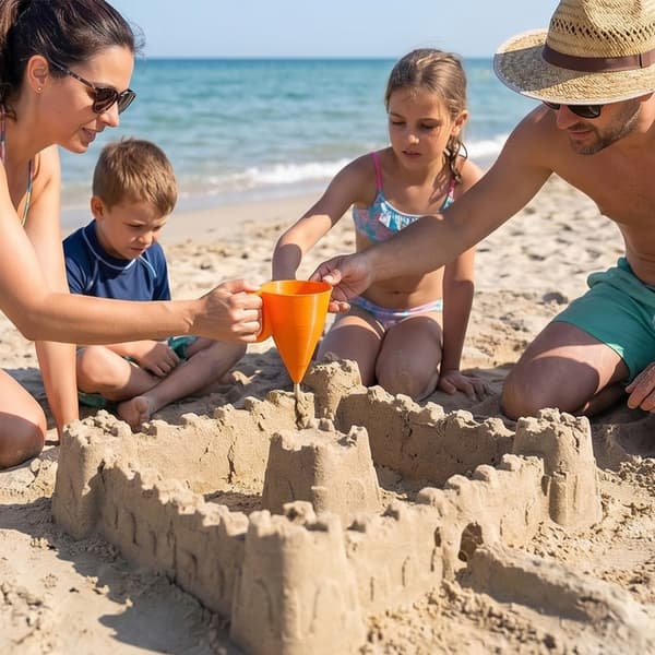 Strandsandtraktleke med sidehåndtak, oransje kjegleformet sandslottmaker