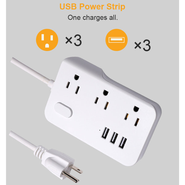 Power Strip 6 uttag 3 USB -portar med 5 fot Heavy Duty förlängningssladd White