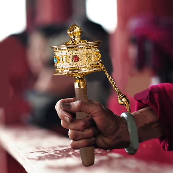 Tibetansk Buddhisme Solid Bønnehjul Gylden Håndsving Sang