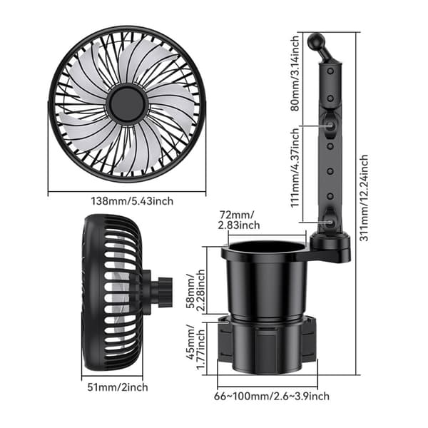 Roterende 3-trins USB-bilventilator med kopholderbase til SUV'er